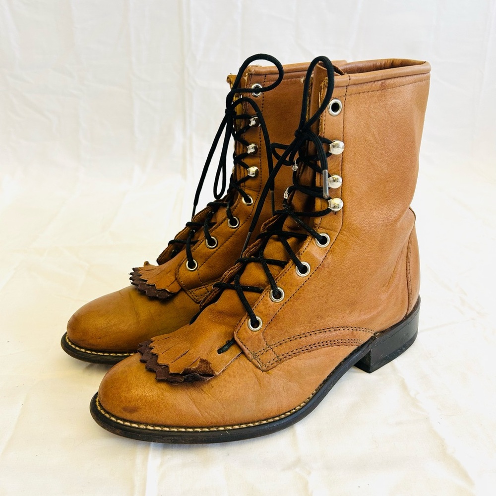 Laredo Tan Lace-Up Leather Roper Boots - Picture 16 of 16